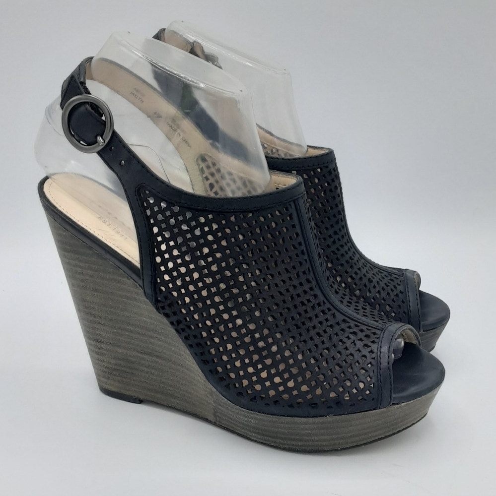 Coach Jaklyn Black Perforated Leather Wedge Sandal.